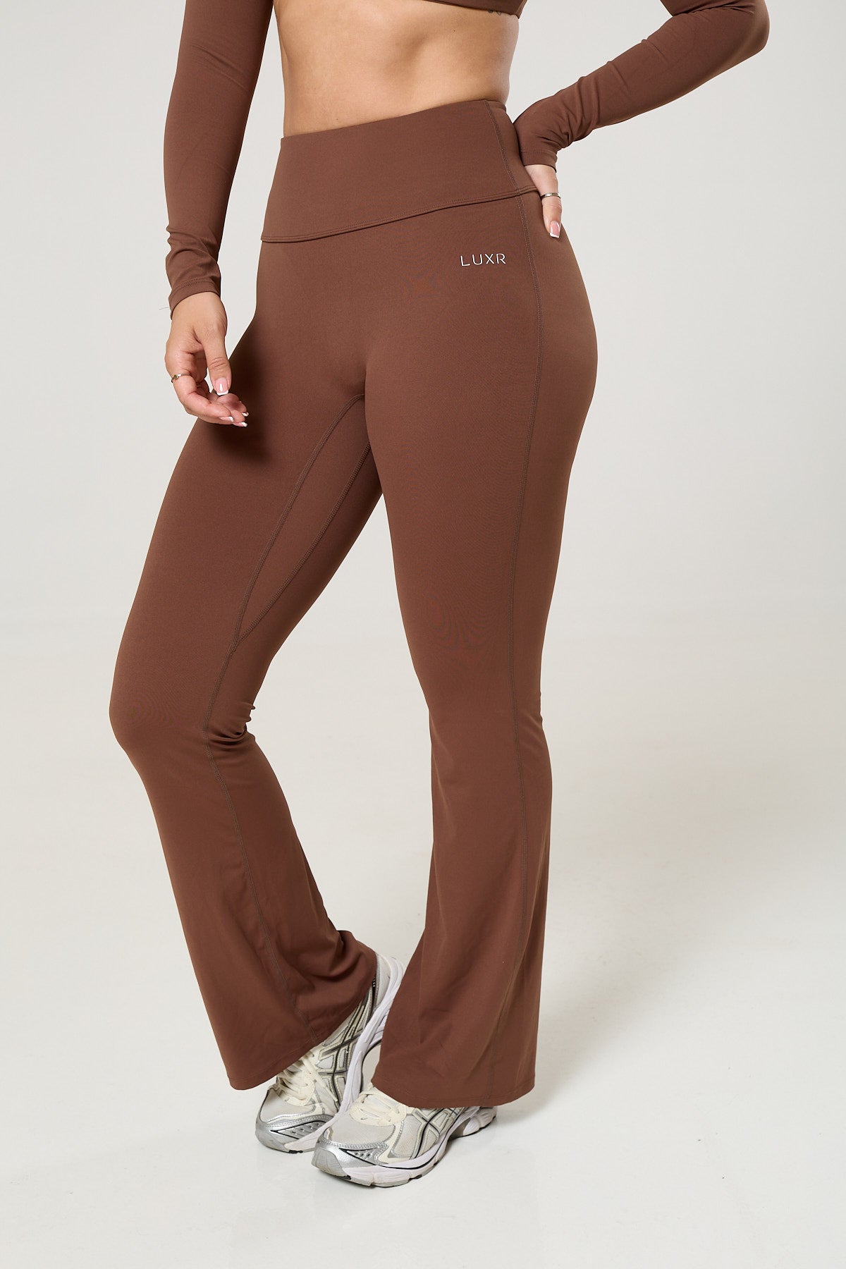 Cross back tank top, long sleeve crop top & flared leggings set