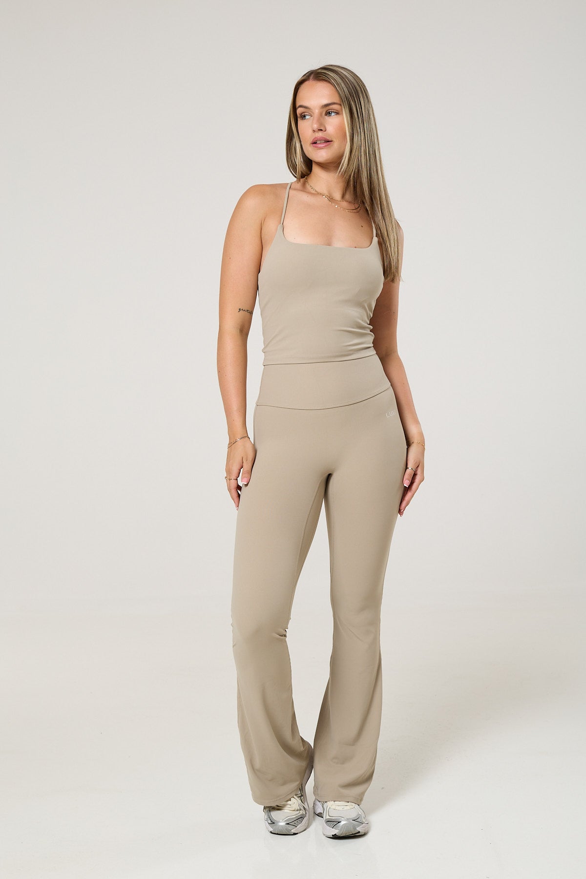 Cross back tank top, long sleeve crop top & flared leggings set