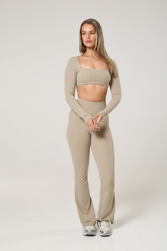 Cross back tank top, long sleeve crop top & flared leggings set