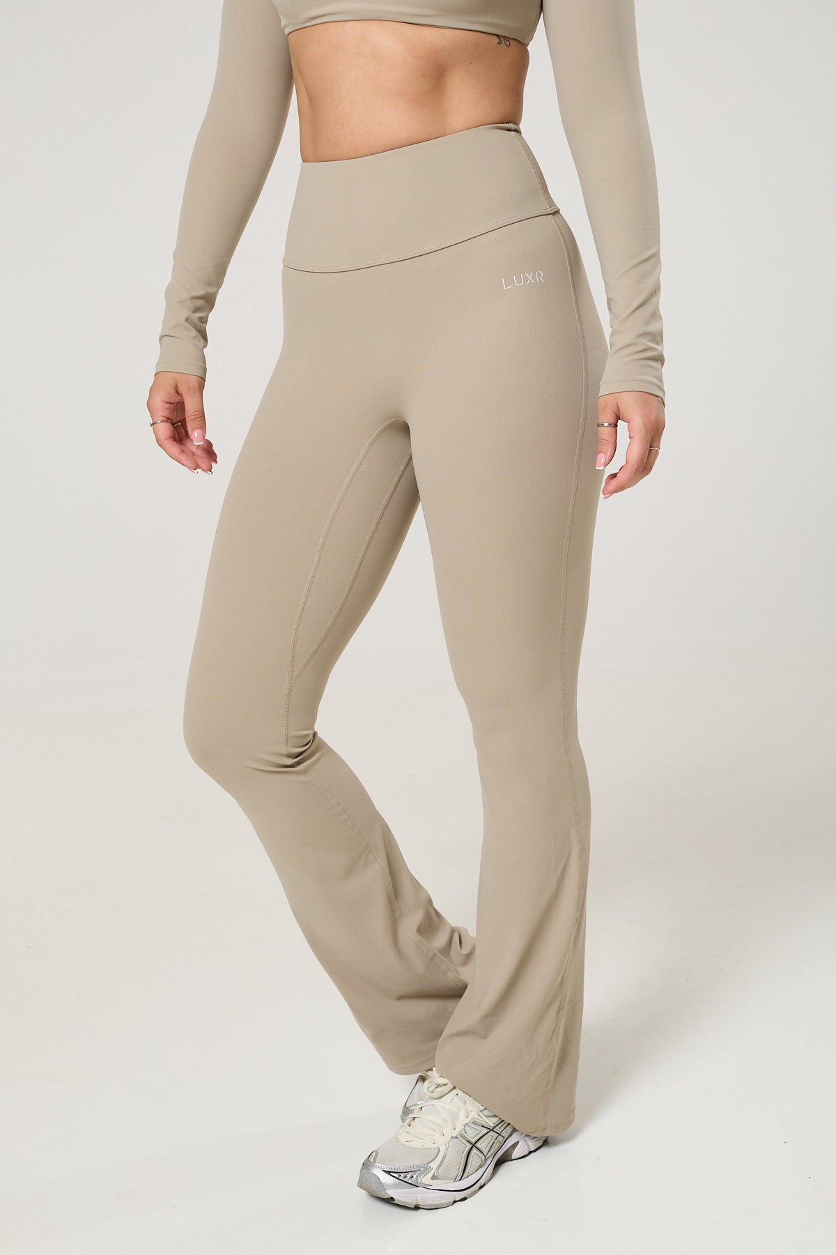 Cross back tank top, long sleeve crop top & flared leggings set