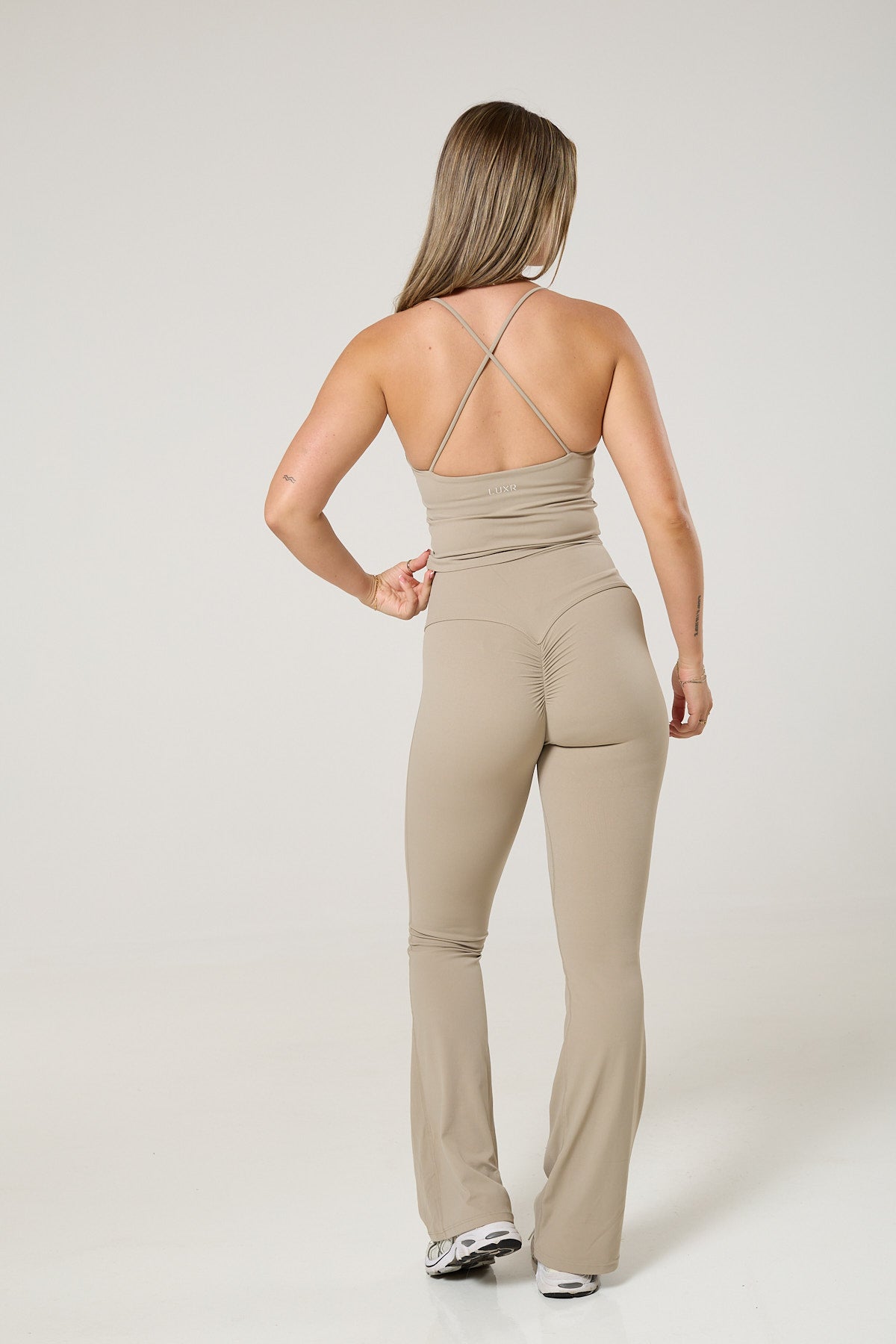 Cross back tank top, long sleeve crop top & flared leggings set